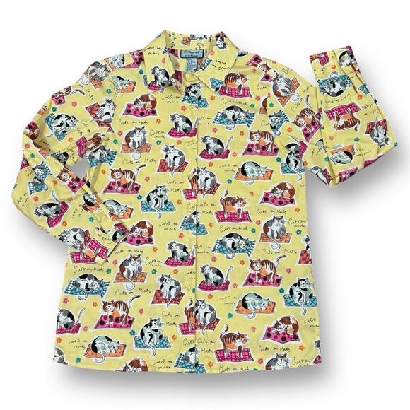 Chatterprintz Cats on Mats Button Up Shirt Yellow Small Long Sleeve - Picture 10 of 11